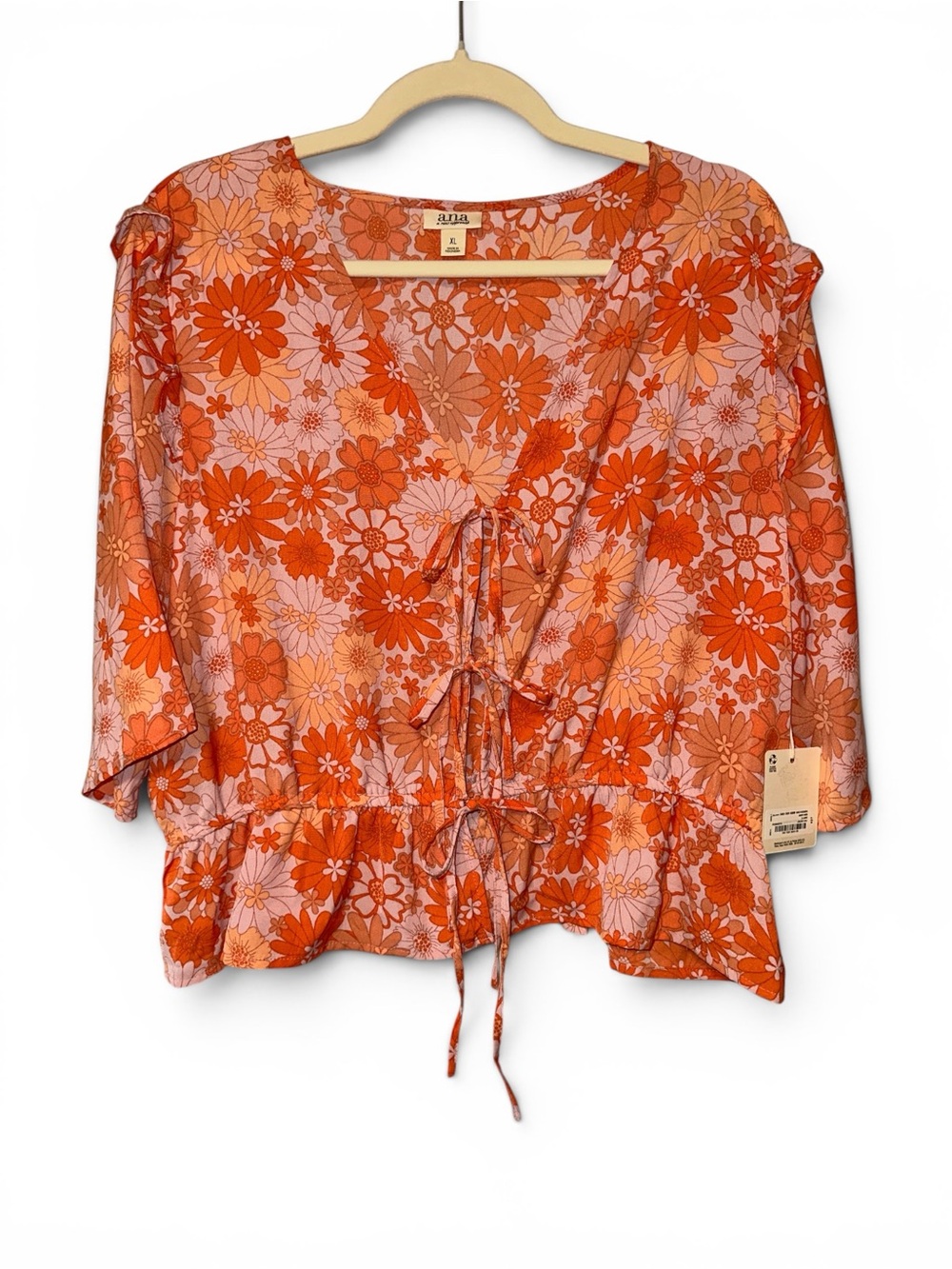 a.n.a Orange and Pink Floral Tie-Front Peplum‎ Blouse Cropped 3/4 Sleeve NWT